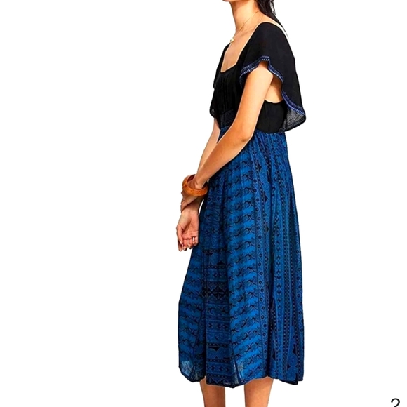 Free People In Search Of Paradise Midi Dress Blue Mixed Print Flowy Small NWT - Picture 6 of 16